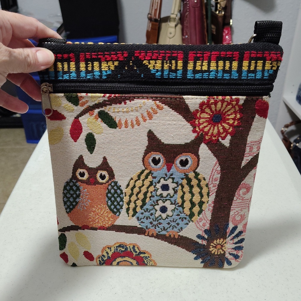 Brand New Owl Tapestry Crossbody Bag in Multicolor